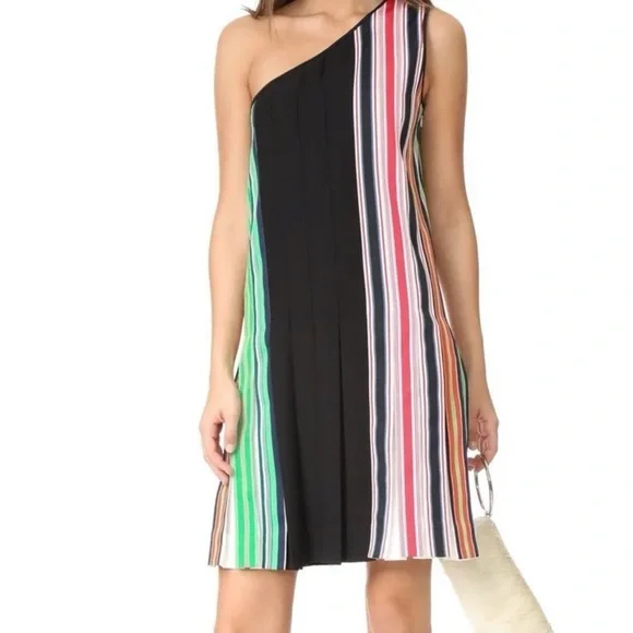 Diane Von Furstenberg- NWT Multicolored Stripe One Shoulder Pleated Mini Dress - Picture 1 of 8